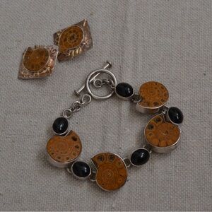 Ammonite bracelet and clip on earrings set / Sterling AIS Mexico